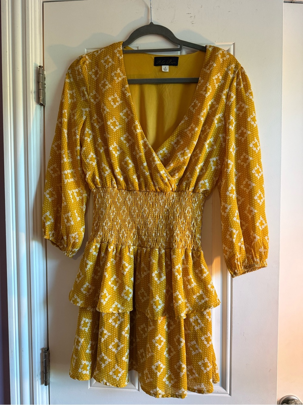 Francesca's Collections Mustard Yellow Smocked Waist V-Neck Tiered Mini Dress
